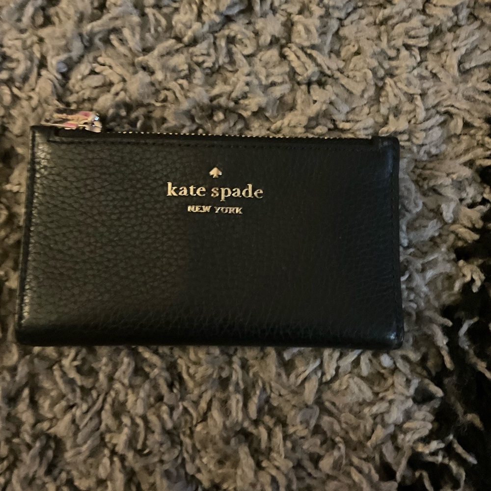 kate spade Black Pebbled Leather Zip Card Case with Gold Logo